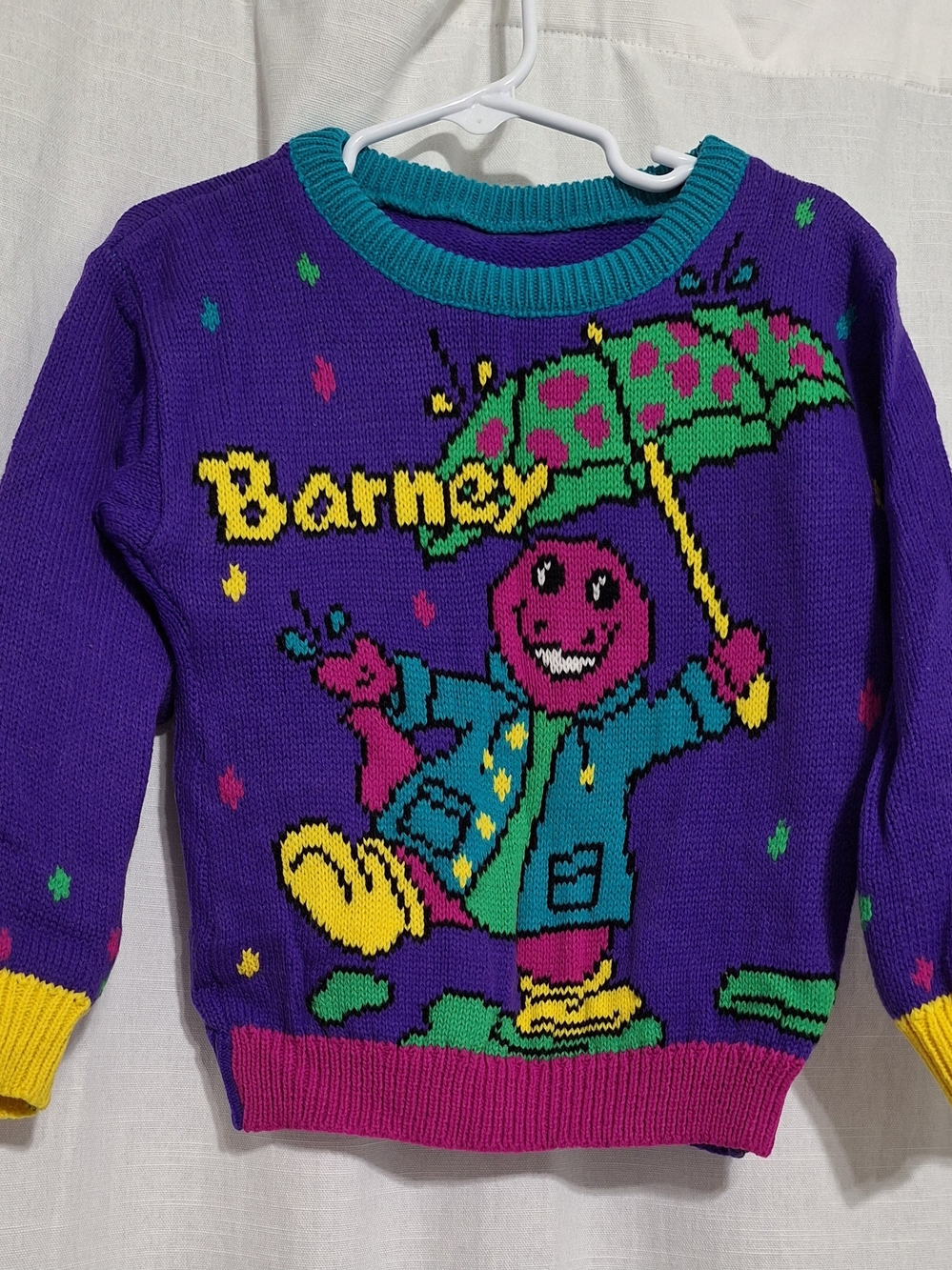 1990's Barneys New York Purple Barney Character Knit Sweater with Teal Trim